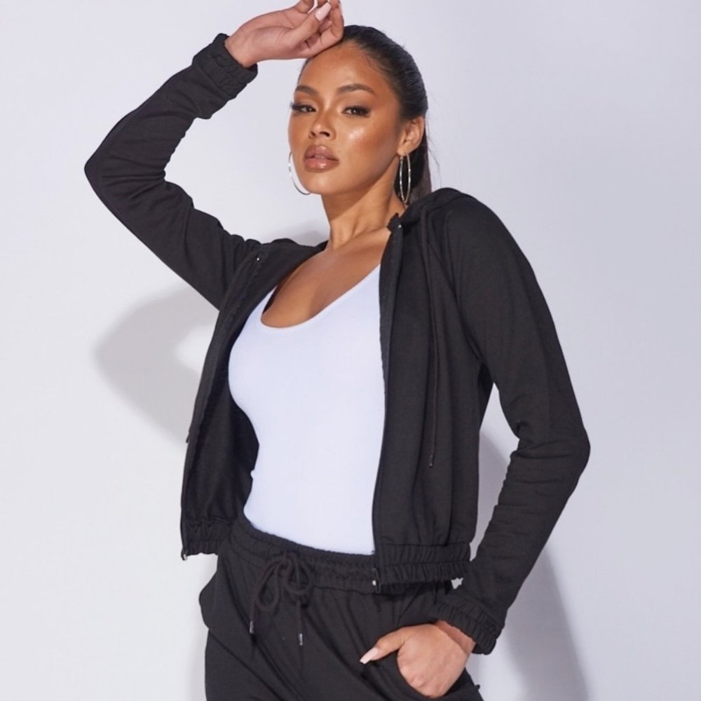 Black Zip Cropped Hooded Tracksuit